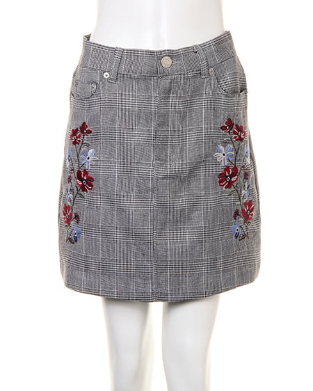 グレンチェック刺繍前ボタン台形／スカート