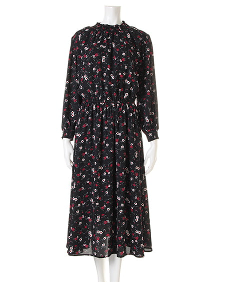 INGNI（イング） 花柄シャーリングハイネックワンピース ｸﾛ