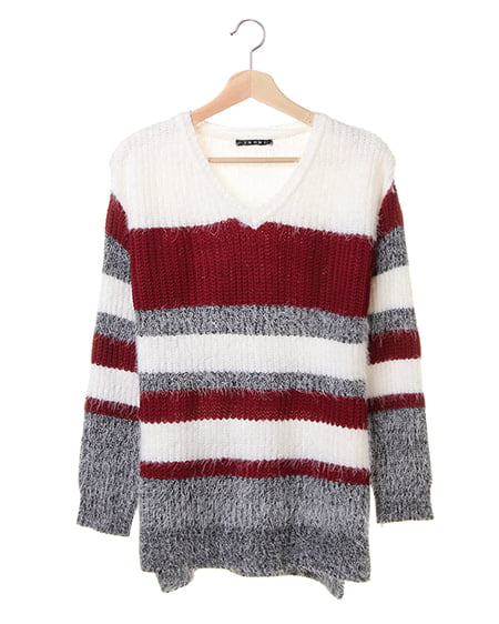 INGNI(イング) フェザー3Cボーダーニット／チュニック オフホワイト/ボルドー