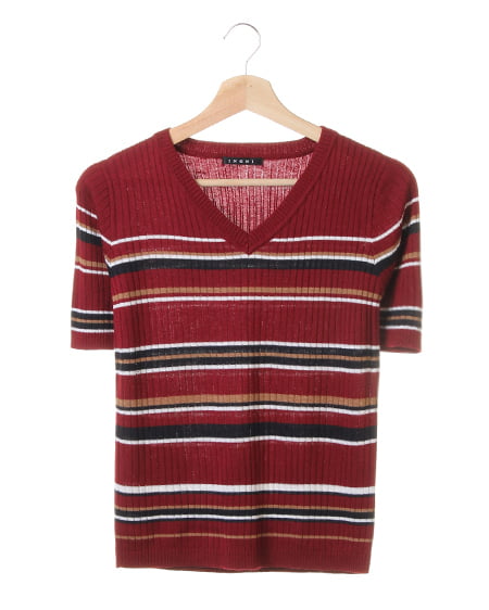INGNI(イング) マルチボーダーリブVネック ボルドー