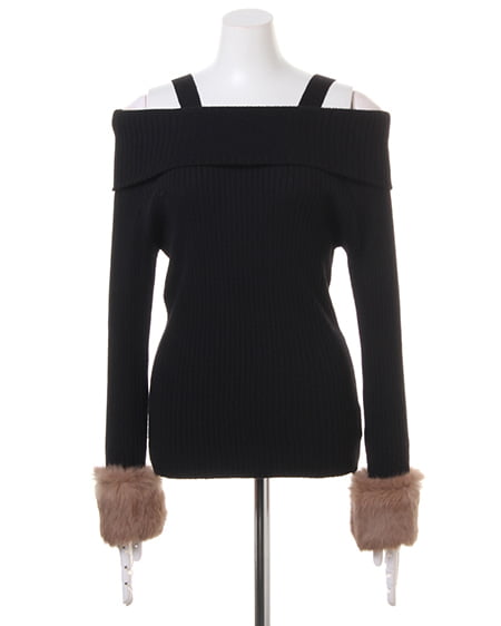 INGNI（イング） 袖ファーオフショルリブニット ｸﾛ