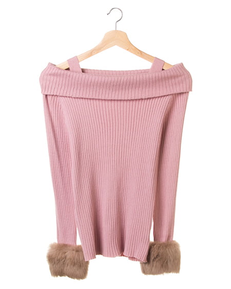 INGNI(イング) 袖ファーオフショルリブニット スモークピンク