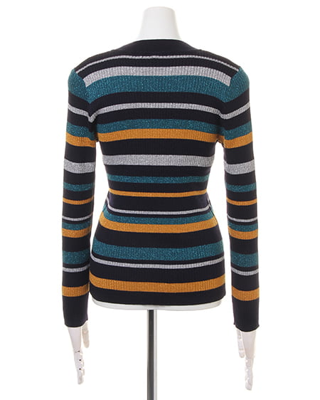 INGNI（イング） マルチボーダーラメリブ／ニット ｺﾝ/ｸﾞﾘｰﾝ