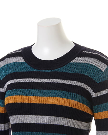 INGNI（イング） マルチボーダーラメリブ／ニット ｺﾝ/ｸﾞﾘｰﾝ