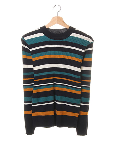 INGNI(イング) マルチボーダーリブプチ／ハイネック ターコイズグリーン