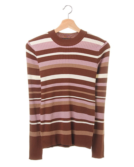 INGNI(イング) マルチボーダーリブプチ／ハイネック ブラウン