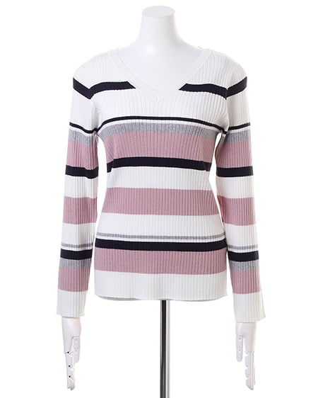 INGNI（イング） マルチボーダーリブVネック／ニット ｵﾌﾎﾜｲﾄ/ﾋﾟﾝｸ