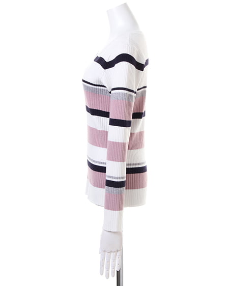 INGNI（イング） マルチボーダーリブVネック／ニット ｵﾌﾎﾜｲﾄ/ﾋﾟﾝｸ