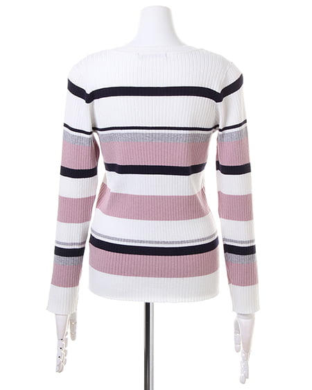 INGNI（イング） マルチボーダーリブVネック／ニット ｵﾌﾎﾜｲﾄ/ﾋﾟﾝｸ