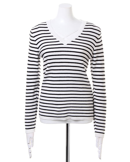 INGNI（イング） 総針リブFクロスVネックニット ﾎﾞｰﾀﾞｰ