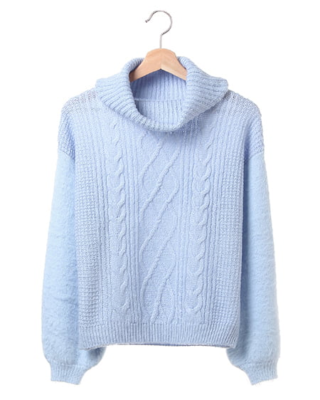 INGNI(イング) ケーブル袖ファーオフタートルニット サックス