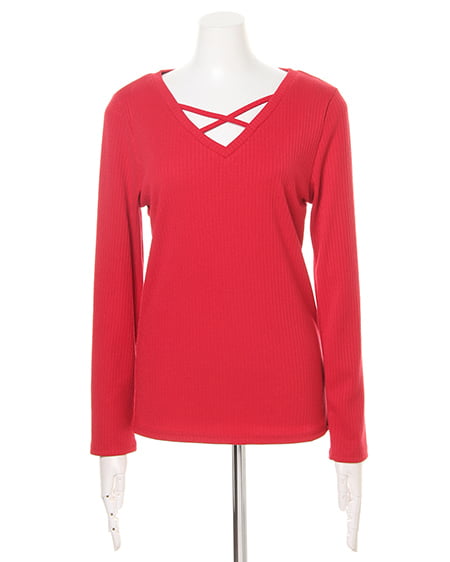 INGNI（イング） リブフロントクロスVネック TOPS長袖 ｱｶ