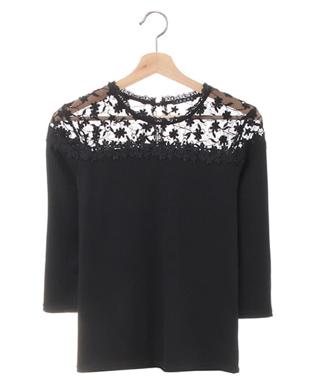 INGNI(イング) ヨークシアーレースリブ8分袖トップス ｸﾛ