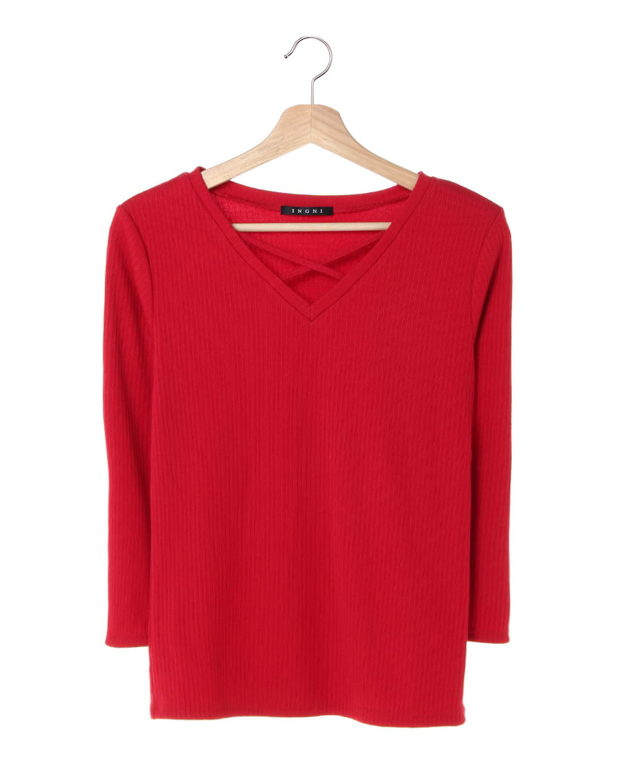 リブフロントクロスVネック8分袖トップス｜INGNI(イング) 公式通販