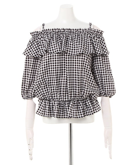 INGNI（イング） ギンガムオフショルボリュームTOPS ｸﾛ/ｷﾞﾝｶﾞﾑ