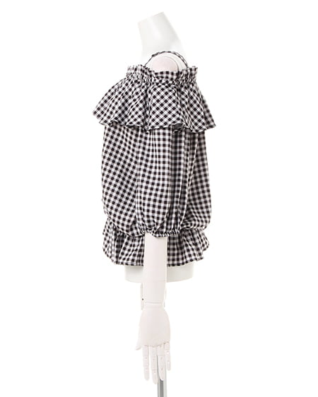 INGNI（イング） ギンガムオフショルボリュームTOPS ｸﾛ/ｷﾞﾝｶﾞﾑ