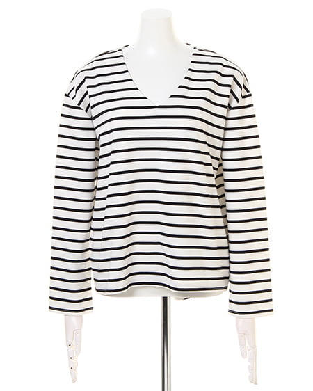 INGNI（イング） ポンチボーダーVネックTOPS長袖 ｵﾌﾎﾜｲﾄ/ｸﾛ