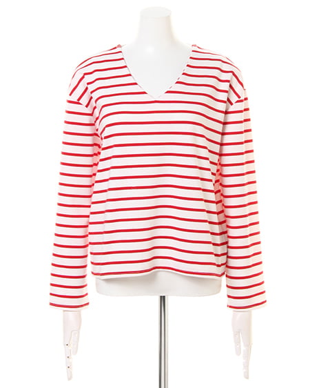 INGNI（イング） ポンチボーダーVネックTOPS長袖 ｵﾌﾎﾜｲﾄ/ｱｶ