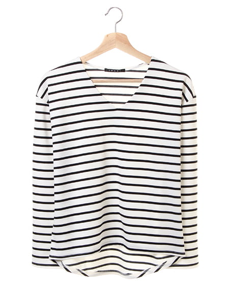 INGNI(イング) ポンチボーダーVネックTOPS長袖 オフホワイト/クロ