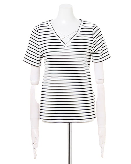 INGNI（イング） リブフロントクロス／Vネックトップス ﾎﾞｰﾀﾞｰ