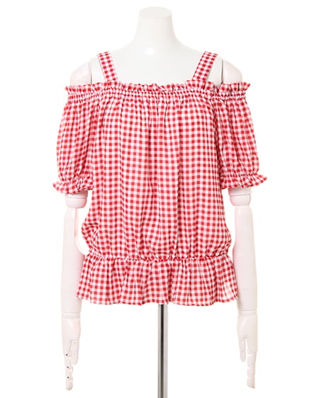 INGNI（イング） オフショル／柄トップス ｱｶ/ｷﾞﾝｶﾞﾑ