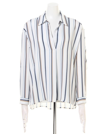 INGNI（イング） マルチストライプ柄スキッパー／シャツ ｵﾌﾎﾜｲﾄ/ｻｯｸｽ