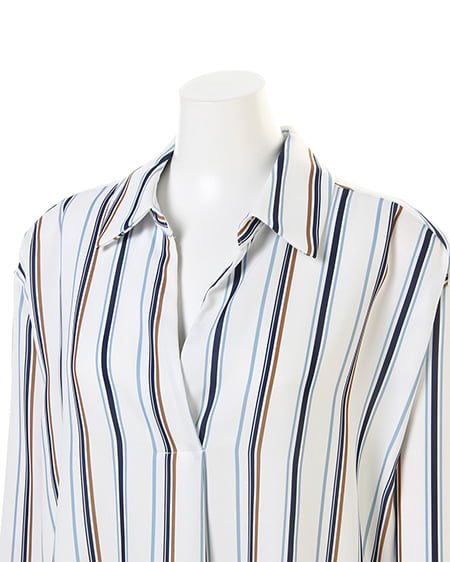 INGNI（イング） マルチストライプ柄スキッパー／シャツ ｵﾌﾎﾜｲﾄ/ｻｯｸｽ