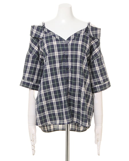 INGNI（イング） チェックオフショル／シャツ ｸﾞﾘｰﾝ