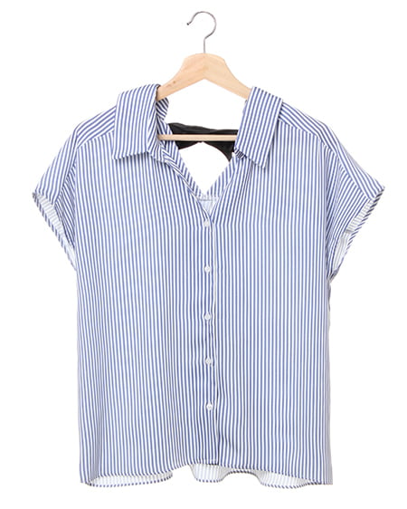 INGNI(イング) BACKリボン／半袖トロミシャツ ブルー/ストライプ