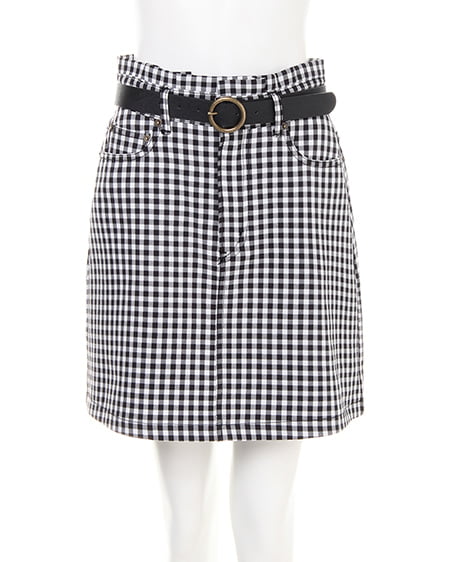 INGNI（イング） ベルト付きギンガム台形スカート ｸﾛ/ｵﾌﾎﾜｲﾄ