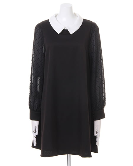 INGNI（イング） 袖ドットチュール襟付きAライン／ワンピース ｸﾛ