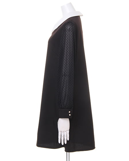 INGNI（イング） 袖ドットチュール襟付きAライン／ワンピース ｸﾛ