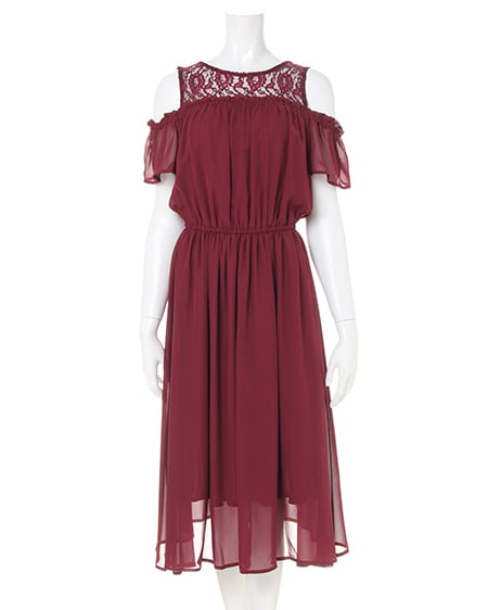 INGNI(イング) レースレイヤー肩開きシフォン／ワンピース ボルドー