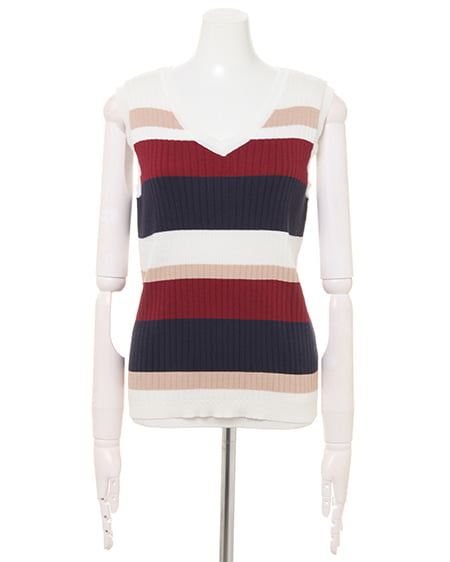 INGNI（イング） マルチボーダー／Vネックノースリトップス ｵﾌﾎﾜｲﾄ/ｺﾝ