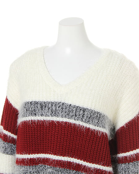 INGNI(イング) 3カラーボーダーニット オフホワイト/ボルドー