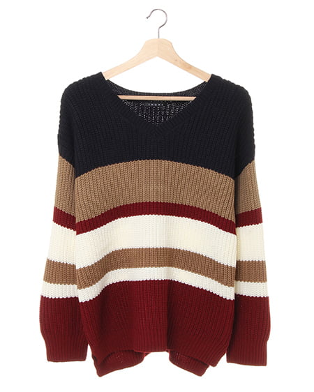 INGNI(イング) 配色Vネック／ニット コン/キャメル