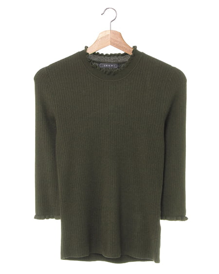 INGNI(イング) リブフリルハイネック／7分袖トップス カーキ