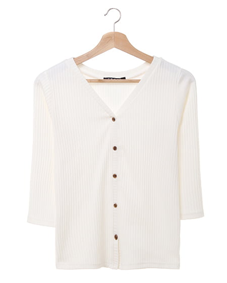 リブVネックボタン付トップス7分袖