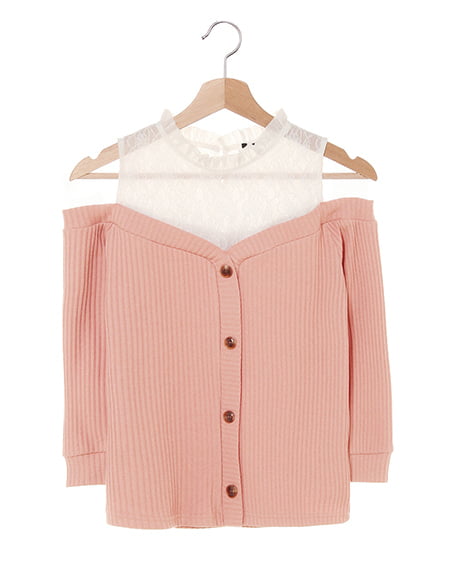 INGNI(イング) リブレースレイヤードオフショルトップス／7分袖 サーモンピンク