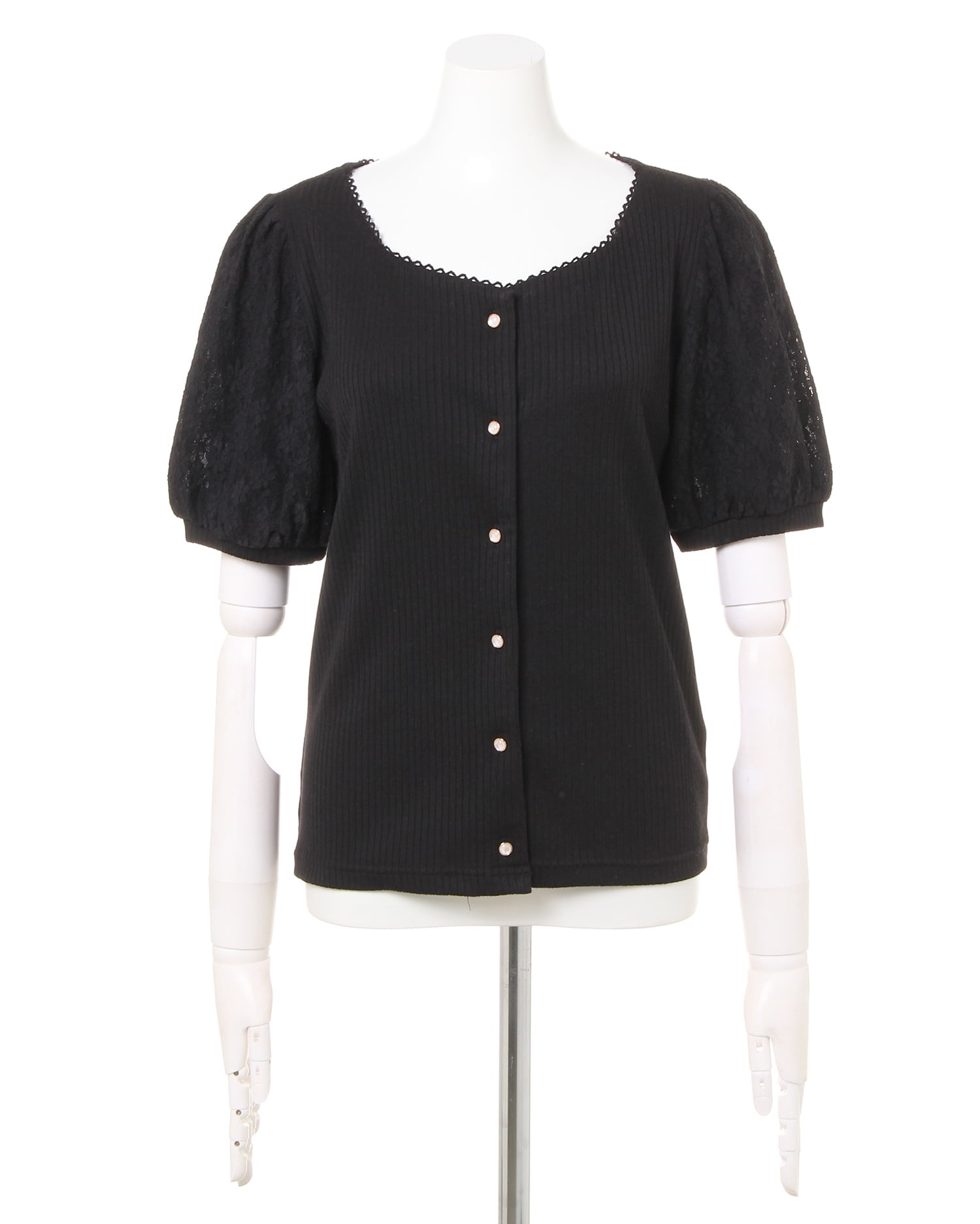 リブ袖レース前ボタン／スクエアーネック半袖トップス｜INGNI(イング