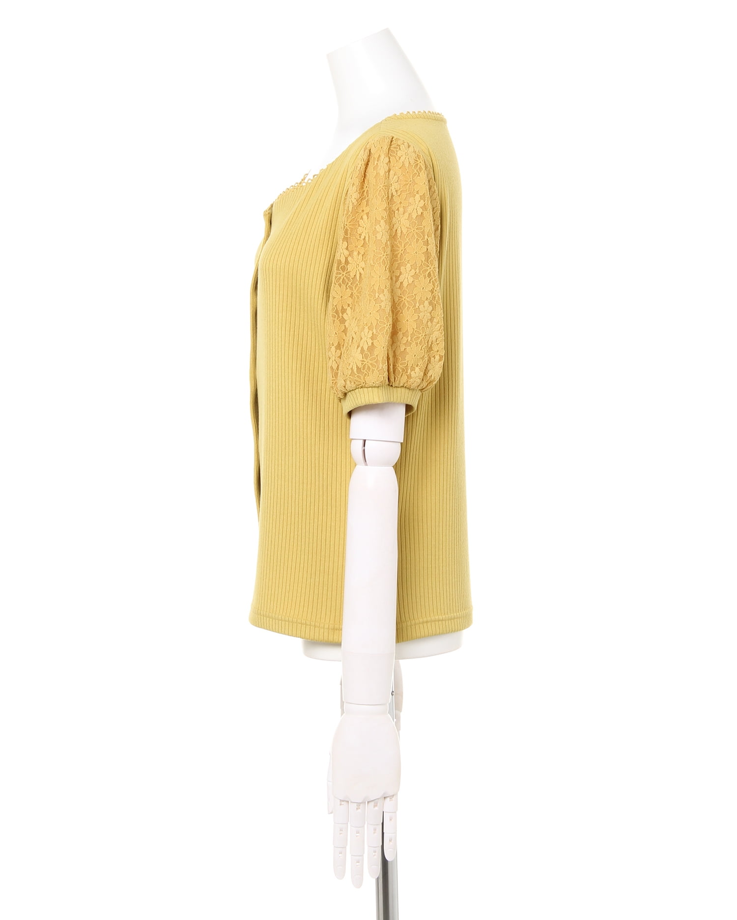 リブ袖レース前ボタン／スクエアーネック半袖トップス｜INGNI(イング