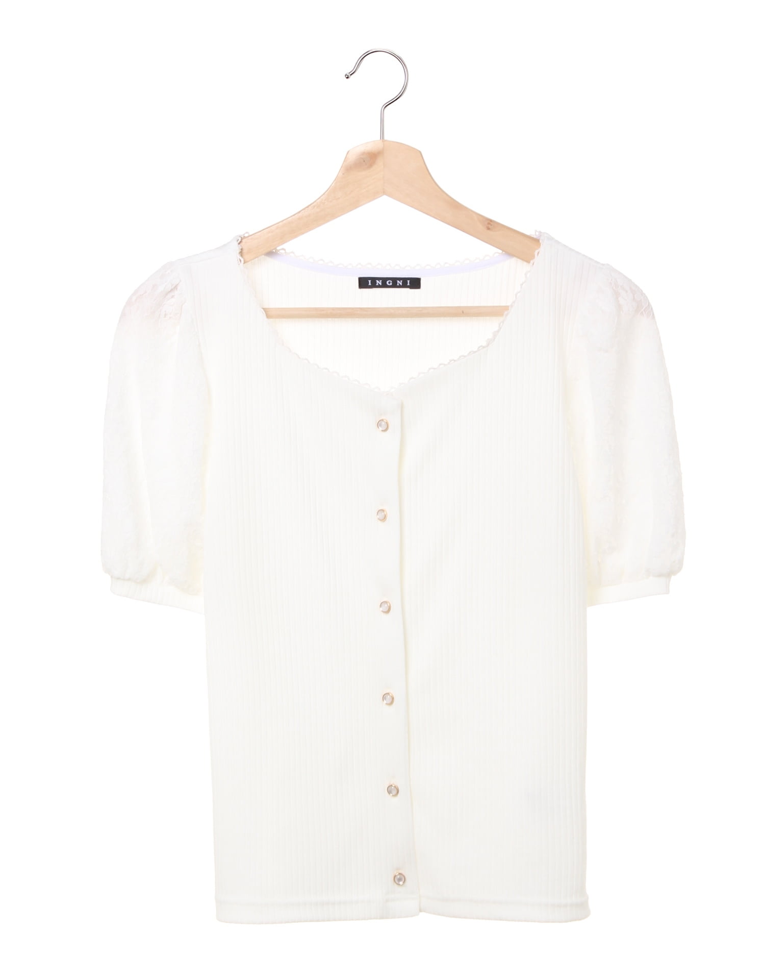 Tsu出品 リブ袖レース前ボタン／スクエアーネック半袖トップス｜INGNI(イング
