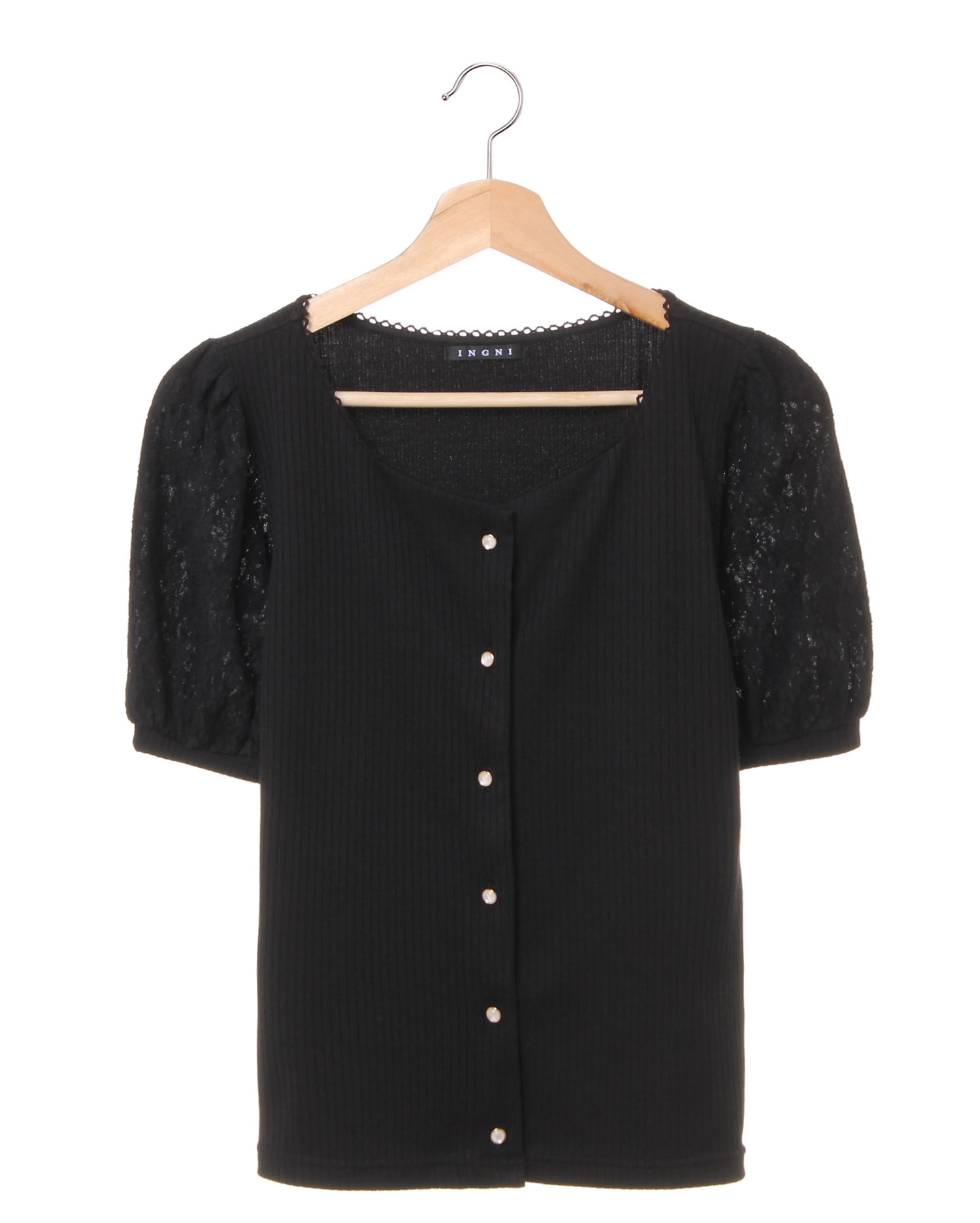 Tsu出品 リブ袖レース前ボタン／スクエアーネック半袖トップス｜INGNI(イング