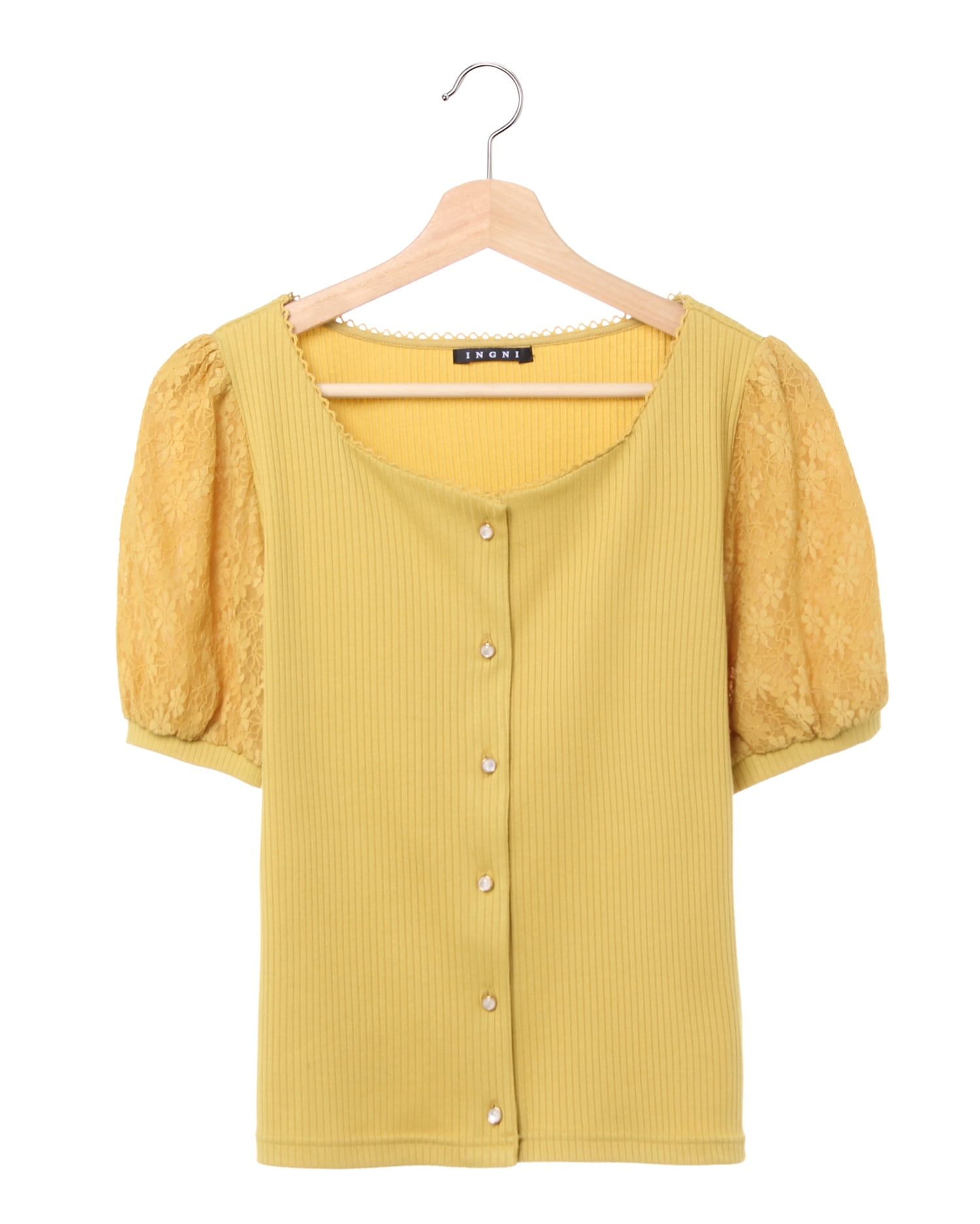 リブ袖レース前ボタン／スクエアーネック半袖トップス｜INGNI(イング