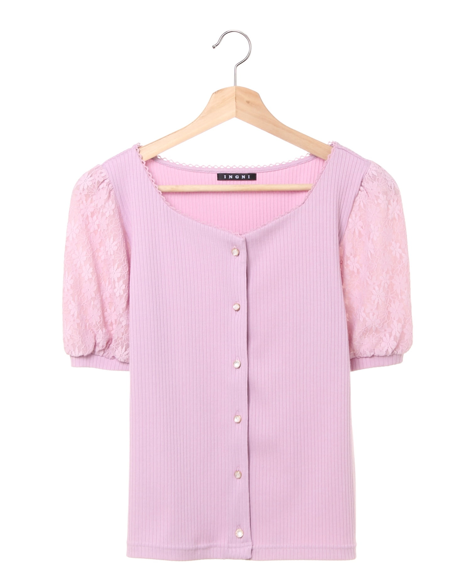 リブ袖レース前ボタン／スクエアーネック半袖トップス｜INGNI(イング