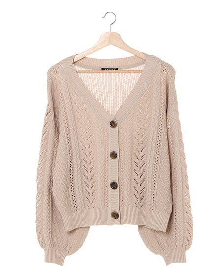 アラン柄透かし／ショートカーディガン