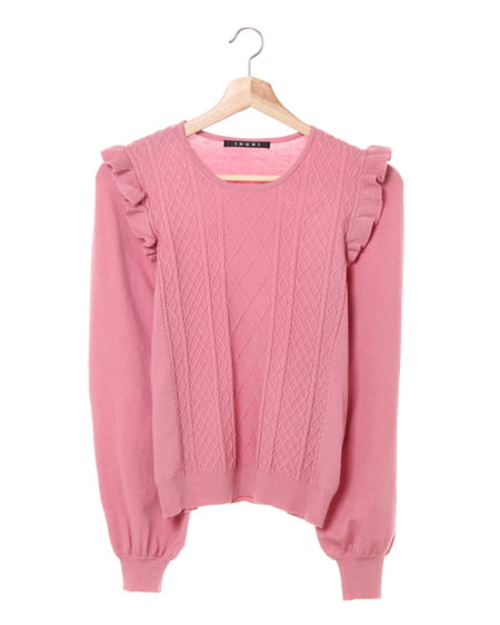 INGNI(イング) 肩フリルケーブル／ニット ｽﾓｰｸﾋﾟﾝｸ