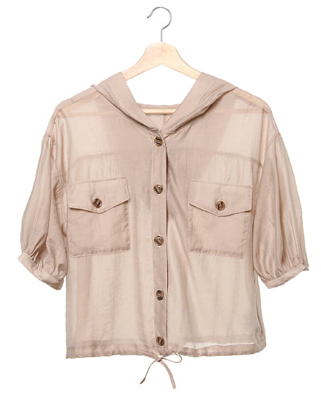 裾ドロストシアーフード5分袖シャツ／デザインブラウス