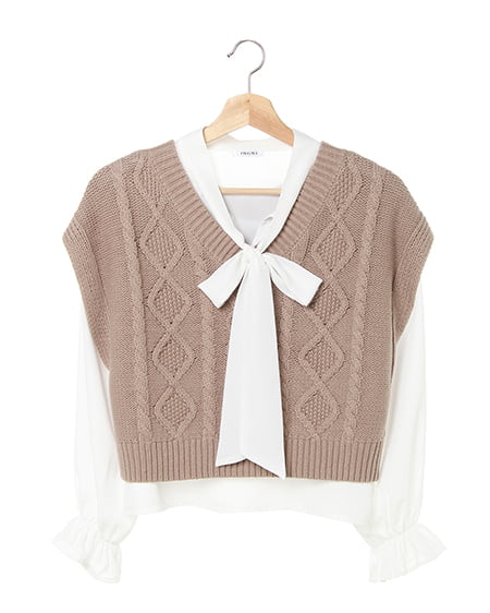ケーブルニットベスト＆ボウタイブラウスSET