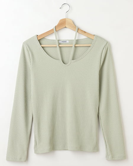 スクエアネッククロスヒモ付リブトップス